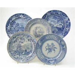 A Brameld blue and white plate, printed with figures and landscape (10in.) one other Victorian pl...