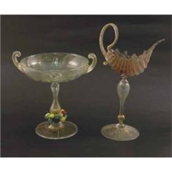 Two Venetian glass items, a pedestal dish with scroll handles, hollow stem with applied fruit (6i...