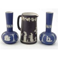 A pair of Adams blue jasper vases, 6.5in., and a Wedgwood black jasper tapering jug - 6.25in....