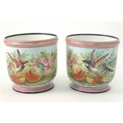 A pair of 19th century French porcelain jardinieres, painted with birds and fruit, 6.5in....