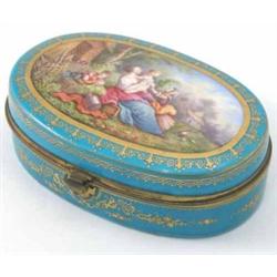 A 19th century Sevres oval casket, the cover painted with a young family and farmyard setting, ag...