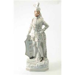 A large Victorian Staffordshire figure, medieval bearded warrior with plumed helmet, sword and sh...