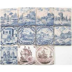 Eleven 18th century tin-glazed tiles, two painted with ships in manganese, others in blue, two da...
