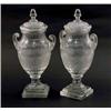 Image 1 : A pair of Victorian cut glass urns, with scroll handles, each with cover, acorn finial and steppe...