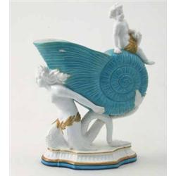 A Thomas Ford bone china shell dish, 1871-74, form of a nautilus supported by mermaid, nymph surm...