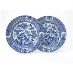 A pair of Chien Lung blue and white plates, decorated with birds, rocks and flowers 14.25ins...
