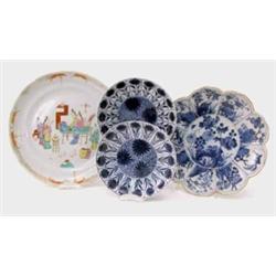A Chinese lobed dish, painted in underglaze blue (9in.- restored), a pair of similar, circular sa...
