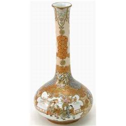 A Satsuma vase, painted with figures and wild birds within fenced gardens against a gilt and enam...