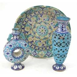 Two Persian vases, painted in two-tone blue (12in. and 9.25in.) and a Persian dish painted in blu...