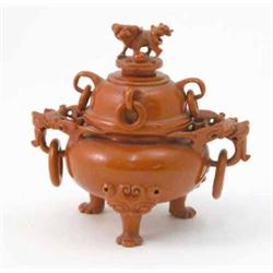 A Chinese orange lacquered koro ad cover, with shi shi finial and ring handles, 3.75ins...