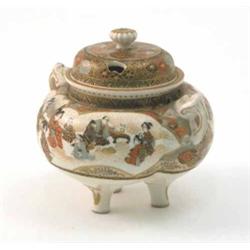 A Satsuma koro and cover, decorated with panels of figures in interiors, signed, 4ins...