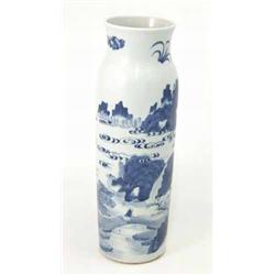 A Chinese blue and white sleeve vase, decorated with travellers in a landscape, 15ins...