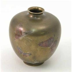 A Japanese silver and copper overlaid bronze vase, decorated with butterflies, signed, 4ins...