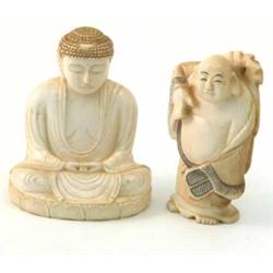 A Japanese carved ivory figure of hotei, 3ins, and a seated buddha, 3ins...