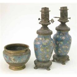 A pair of 19th century Japanese cloisonne oil lamps, with bronze mounts and floral decoration, 17...