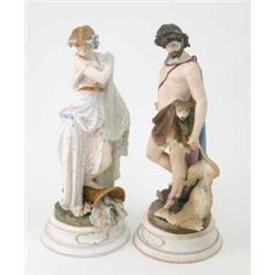 A pair of late 19th century French bisque figures, male hunter entitled 'La Chasse', female fishe...