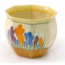 A Clarice Cliff Crocus-pattern pot, octagonal shape, printed mark in black, 4in. diam....