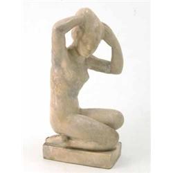 A German earthenware figure, nude female washing hair, buff-glazed, on oblong plinth, signed F. P...