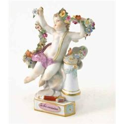 A 19th century Meissen cherub, holding floral garlands, pedestal beside, crossed swords mark and...