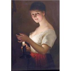 A KPM-style plaque, finely painted with a girl holding chamberstick, candlelight illuminates her...