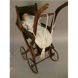 A Motschmann composition doll, German, circa 1880, with inset eyes and jointed body (15ins-damage...