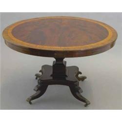 A William IV mahogany circular breakfast table, with rosewood and satinwood banded top on square...