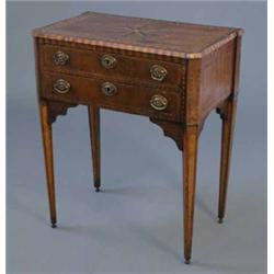 A late 18th century Continental side table, with star burst and parquetry banded top over two dra...