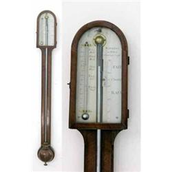 A George III walnut stick barometer, with glazed arched silvered scale, and signed Watkins & Hill...