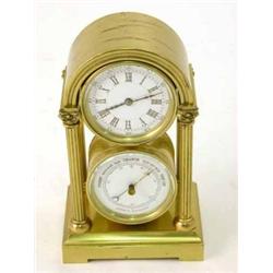 A brass combined desk timepiece and barometer, 7.5ins...