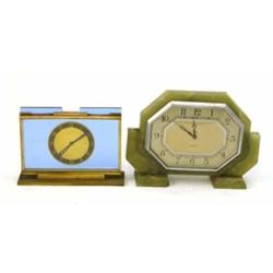 A 1930's green onyx timepiece, retailed by Harrods, 6ins, and a blue glass timepiece...