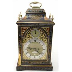A George III blue lacquered bracket clock, the arched brass dial with strike / silent silvered Ro...
