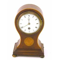 An Edwardian inlaid mahogany balloon case mantel timepiece, 8.5ins...