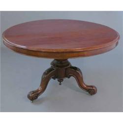 A Victorian mahogany circular breakfast table, on floral carved tripod, 3ft 10ins...