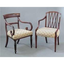 A Victorian Hepplewhite design mahogany elbow chair, with lattice work back panel on square taper...