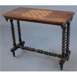 A Victorian walnut games table, the rectangular top inlaid with a chessboard on bobbin legs, 2ft...