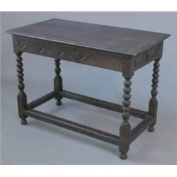 A Victorian oak rectangular side table, with drawer on bobbin supports with uniting stretchers...