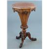 Image 1 : A Victorian walnut octagonal sewing table, with trumpet stem and floral carved tripod, 1ft 4ins...