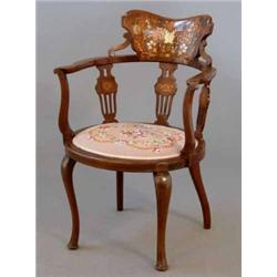 An Edwardian mahogany occasional elbow chair, with ivory and boxwood inlaid rosewood panel on cab...