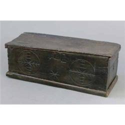 An 18th century oak trunk, with simple carved decoration, 3ft 2ins...