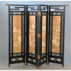 A late 19th century Chinese four fold ebonised draught screen, with woven panels, Height 5ft 5ins...