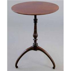 A George III mahogany circular occasional table, on turned stem and three curved legs with inlaid...