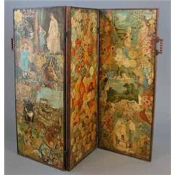 A late Victorian three fold scrap screen, now in later frame, 5ft 1ins...