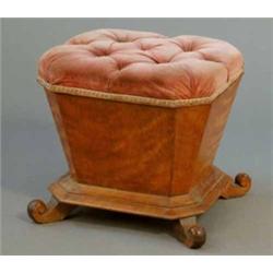 A Victorian satin birch ottoman, of sarcophagus form on four scroll feet, 1ft 8ins...