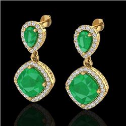 7 CTW Emerald & Micro Pave VS/SI Diamond Earrings Designer Halo 10K Yellow Gold - REF-107M3H - 20206
