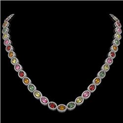 31.96 CTW Multi Color Sapphire & Diamond Halo Necklace 10K White Gold - REF-674T4M - 40448