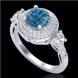 2.05 CTW Intense Blue Diamond Solitaire Art Deco 3 Stone Ring 18K White Gold - REF-300Y2K - 38146