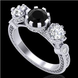 1.75 CTW Fancy Black Diamond Solitaire Art Deco 3 Stone Ring 18K White Gold - REF-153A6X - 37877