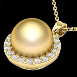 0.25 CTW Micro Pave Halo VS/SI Diamond & Golden Pearl Necklace 18K Yellow Gold - REF-40X9T - 21564
