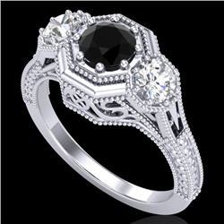 1.05 CTW Fancy Black Diamond Solitaire Art Deco 3 Stone Ring 18K White Gold - REF-132K8W - 37947
