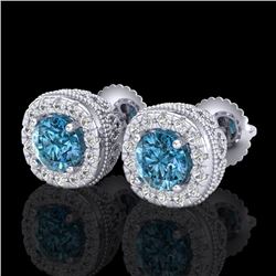 1.69 CTW Fancy Intense Blue Diamond Art Deco Stud Earrings 18K White Gold - REF-176H4A - 37992